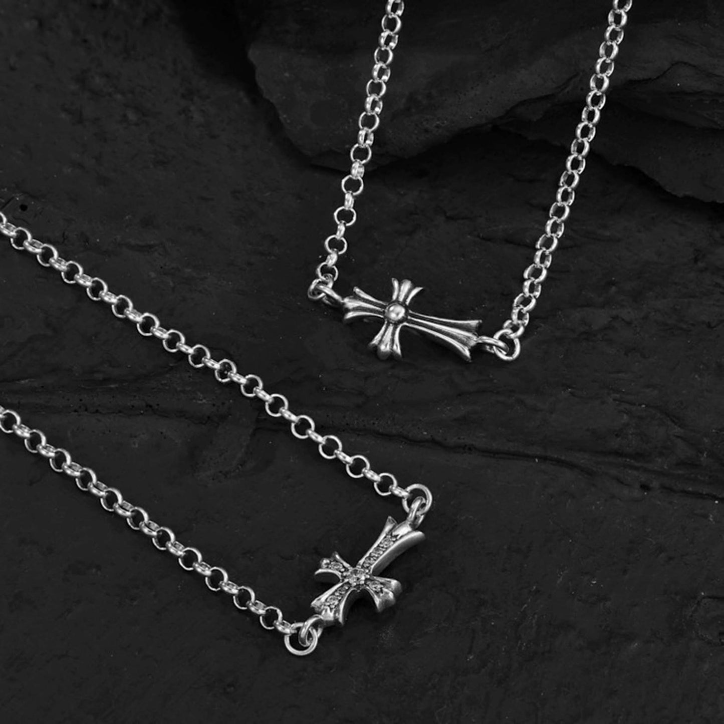 Chrome Hearts Horizontal Cross Pendant Necklace, Sterling Silver Rolo Chain Necklaces