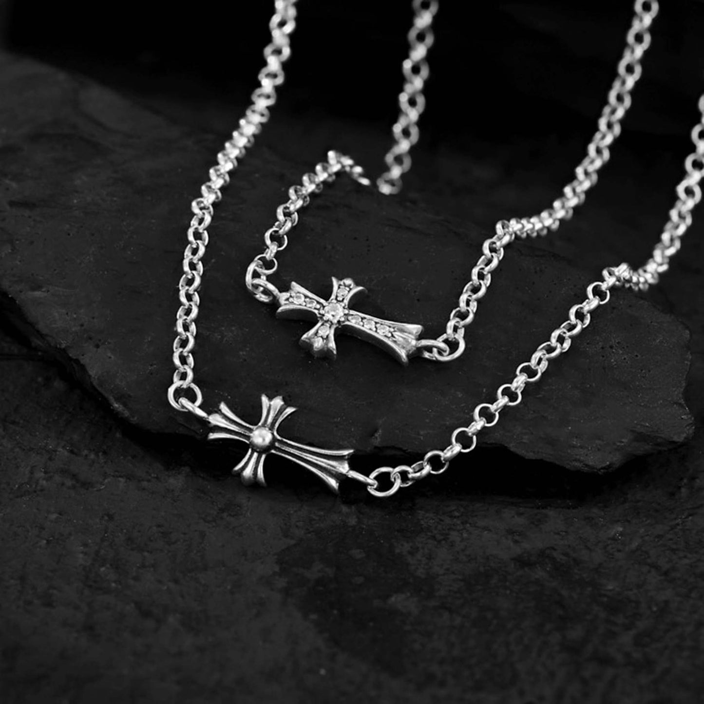 Chrome Hearts Horizontal Cross Pendant Necklace, Sterling Silver Rolo Chain Necklaces