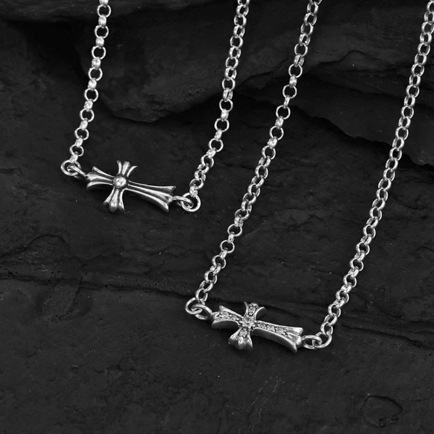 Chrome Hearts Horizontal Cross Pendant Necklace, Sterling Silver Rolo Chain Necklaces