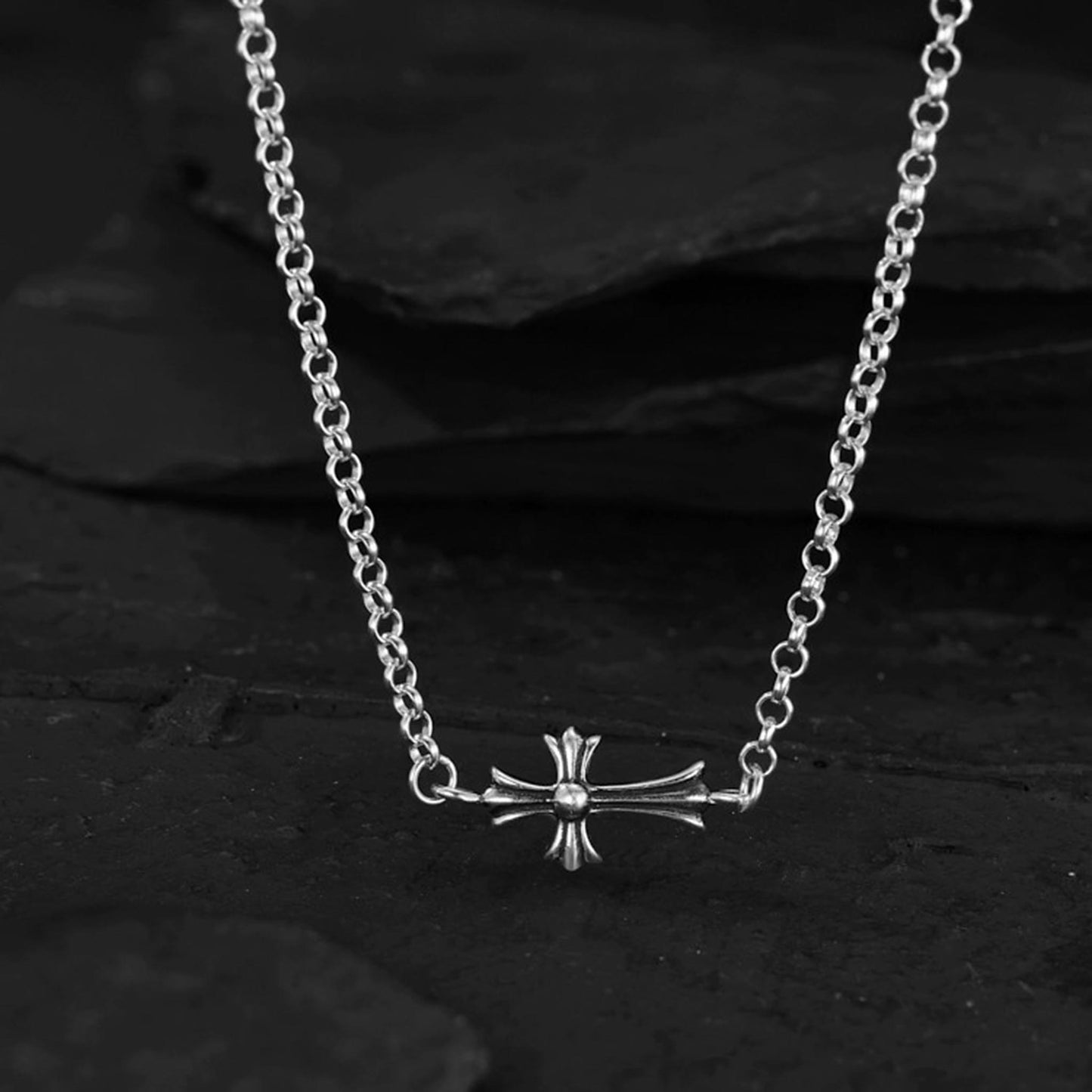 Chrome Hearts Horizontal Cross Pendant Necklace, Sterling Silver Rolo Chain Necklaces