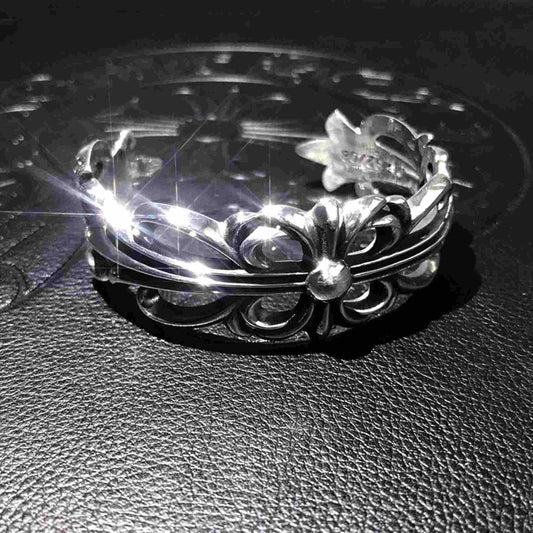 Chrome Hearts Hollow Cross Flower Chunky Open Bracelet, 925 Silver Punk Statement Bangle for Couples