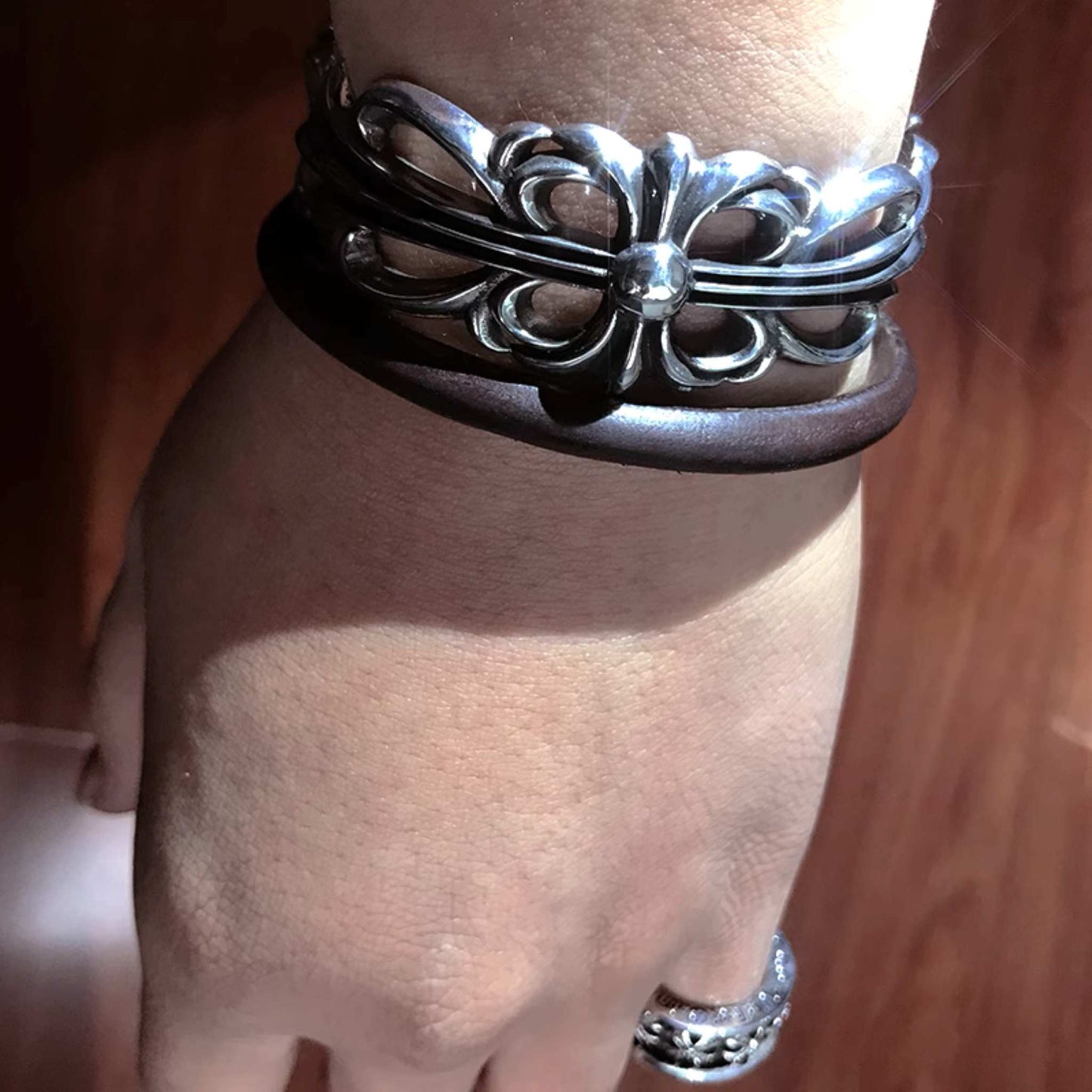 Chrome Hearts Hollow Cross Flower Chunky Open Bracelet, 925 Silver Punk Statement Bangle for Couples