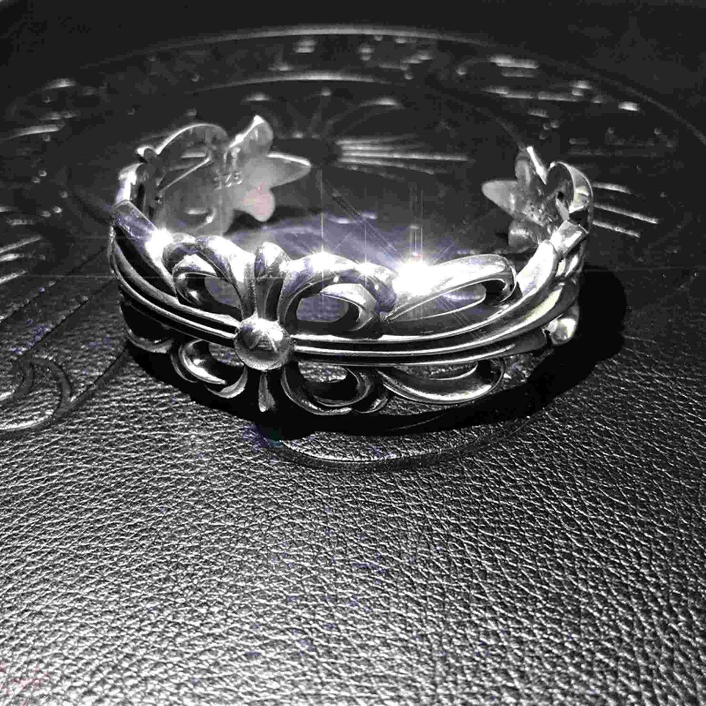 Chrome Hearts Hollow Cross Flower Chunky Open Bracelet, 925 Silver Punk Statement Bangle for Couples