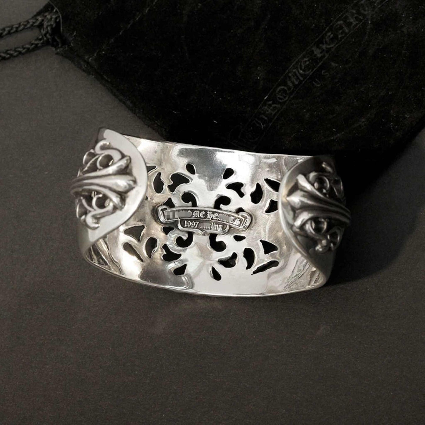 925 Silver Gothic Cross Chunky Open Bracelet, Chrome Hearts Domineering Punk Statement Bangle