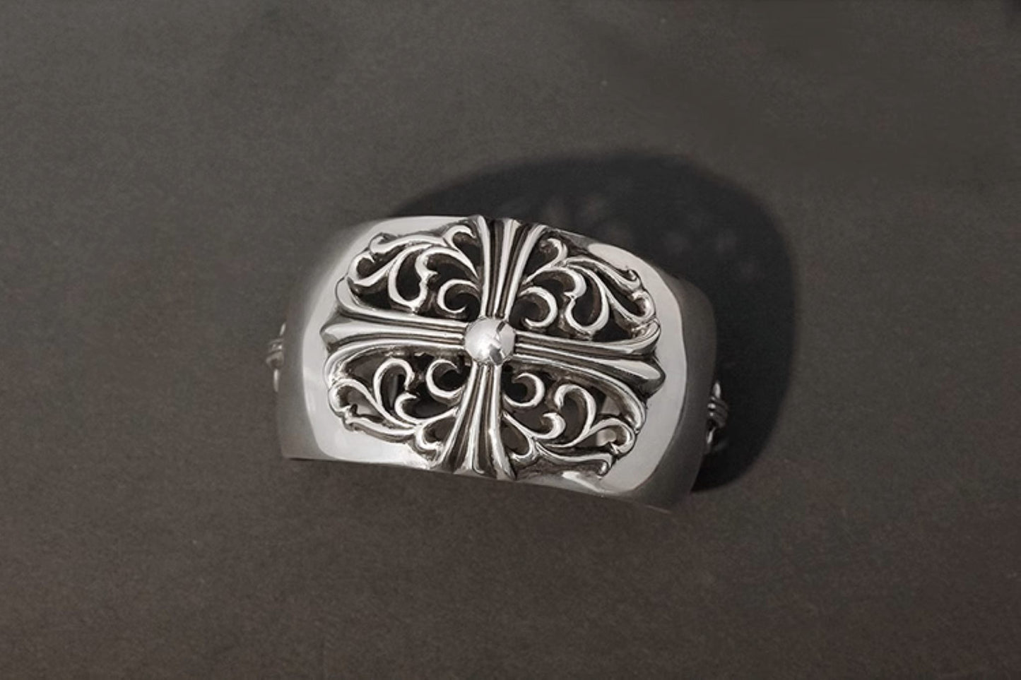 925 Silver Gothic Cross Chunky Open Bracelet, Chrome Hearts Domineering Punk Statement Bangle