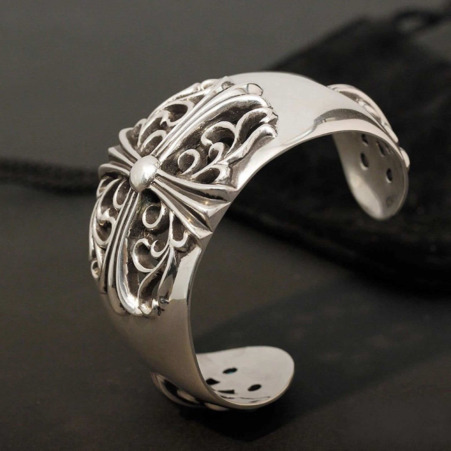 925 Silver Gothic Cross Chunky Open Bracelet, Chrome Hearts Domineering Punk Statement Bangle