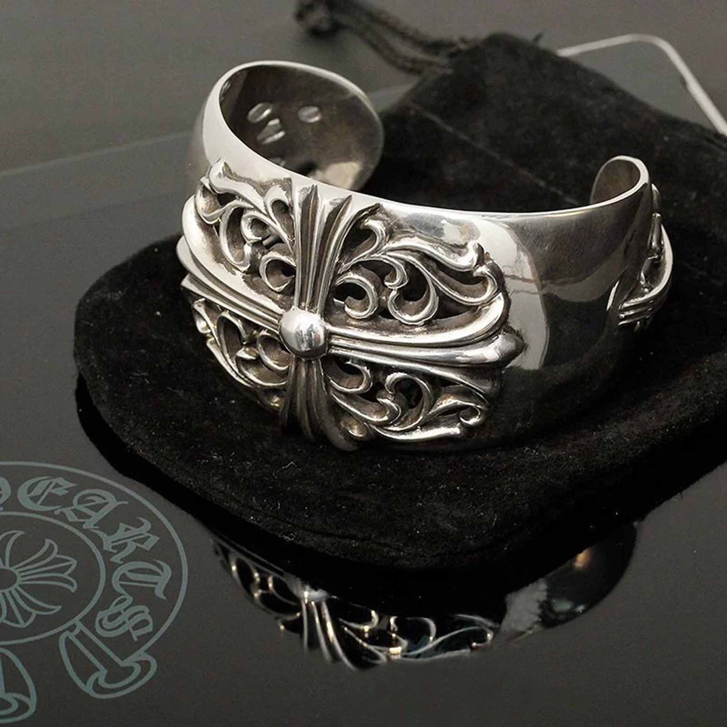 925 Silver Gothic Cross Chunky Open Bracelet, Chrome Hearts Domineering Punk Statement Bangle