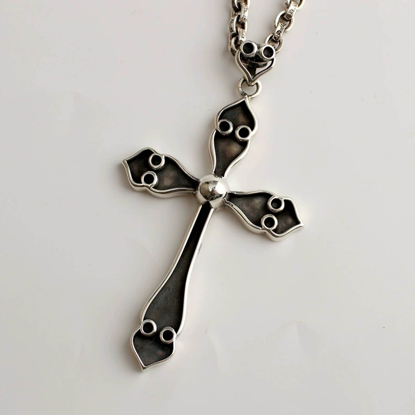 Chrome Hearts Large Flower-shaped Cross Necklace Pendant, Sterling Silver Statement Gothic Cross Charm
