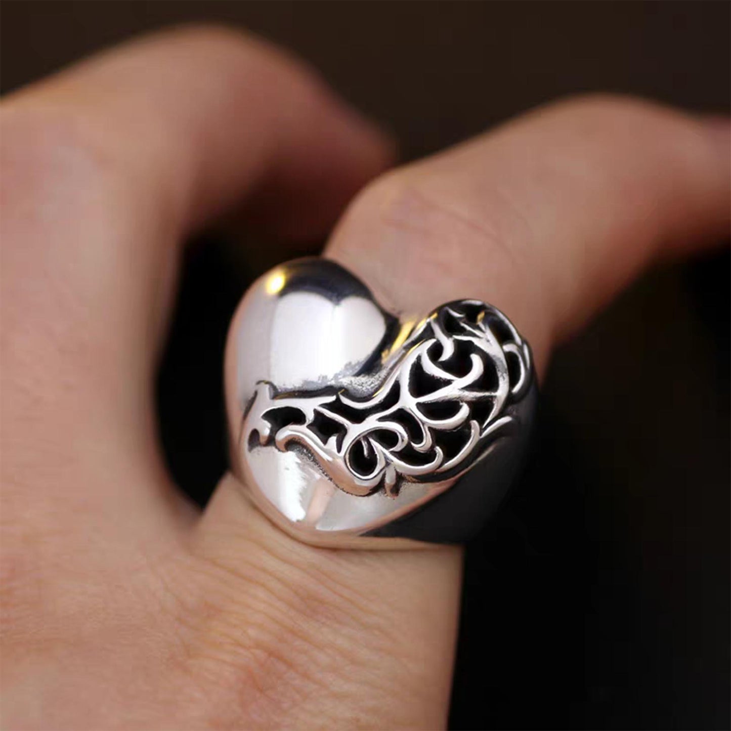 Chrome Hearts Large Hollow Heart Shape Ring, Sterling Silver Punk Statement Rings