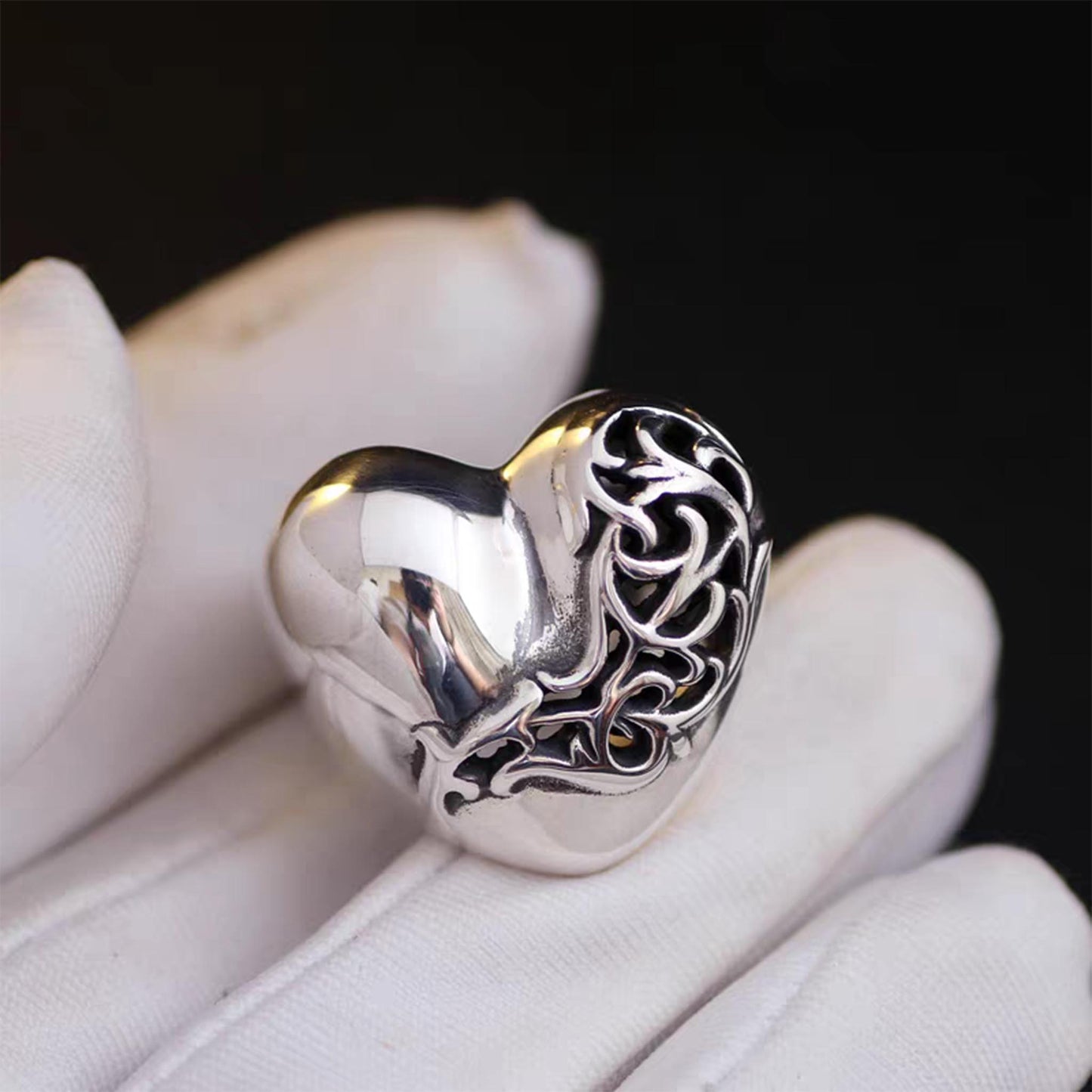 Chrome Hearts Large Hollow Heart Shape Ring, Sterling Silver Punk Statement Rings