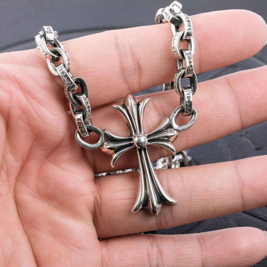 Chrome Hearts 8mm Paper Chain Cross Pendant Necklace, 925 Silver Letters Chunky Chain Necklaces
