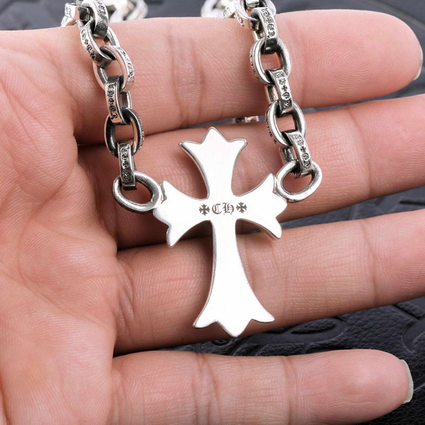 Chrome Hearts 8mm Paper Chain Cross Pendant Necklace, 925 Silver Letters Chunky Chain Necklaces