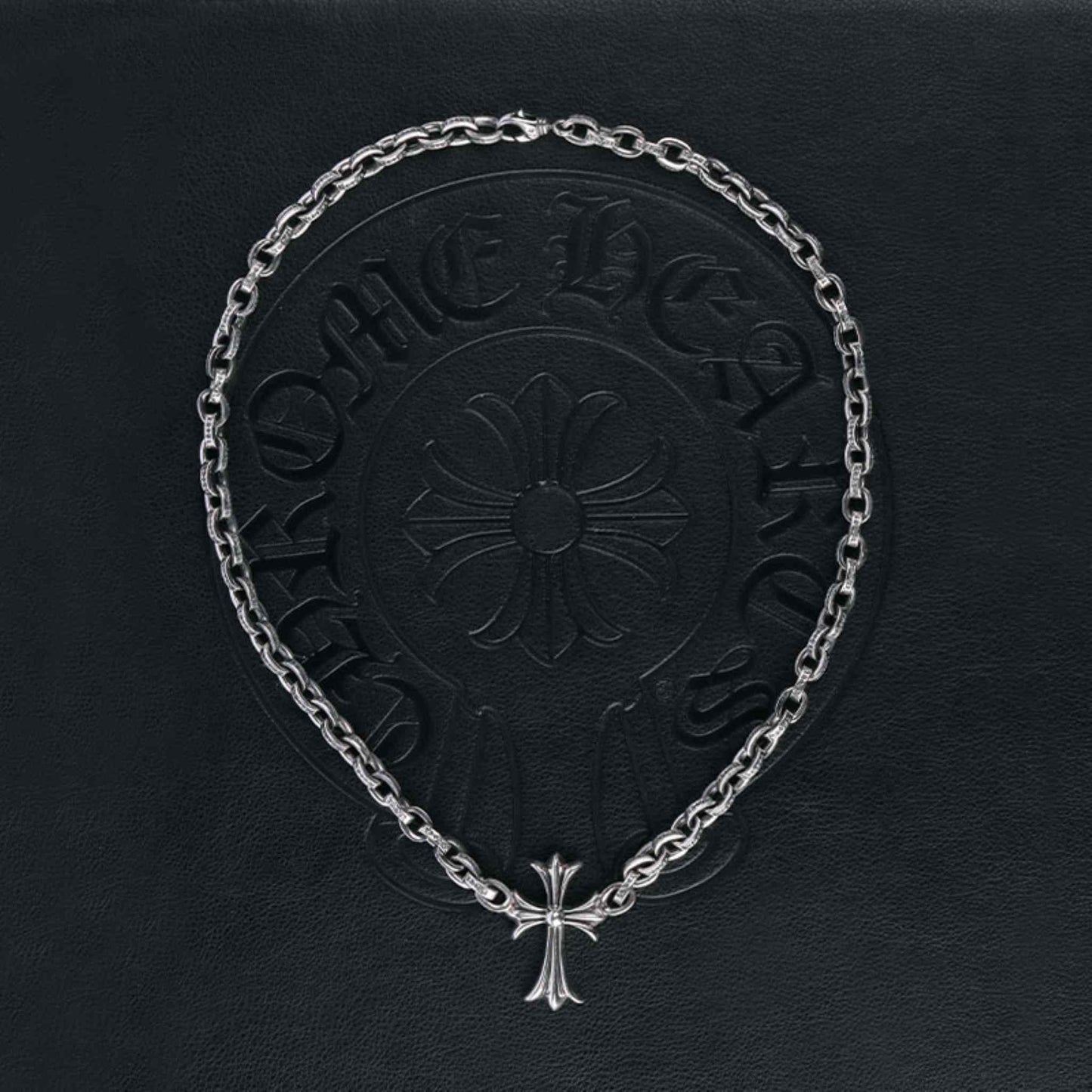 Chrome Hearts 8mm Paper Chain Cross Pendant Necklace, 925 Silver Letters Chunky Chain Necklaces