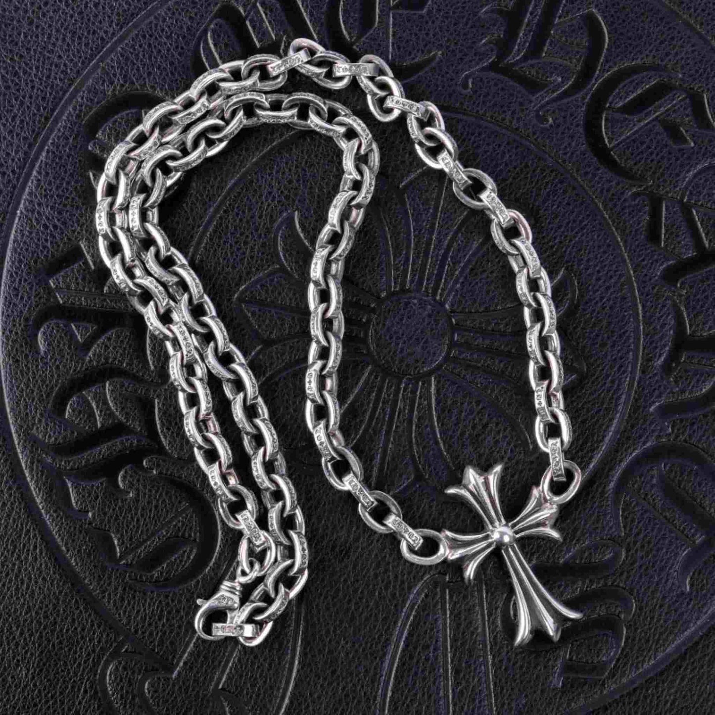 Chrome Hearts 8mm Paper Chain Cross Pendant Necklace, 925 Silver Letters Chunky Chain Necklaces