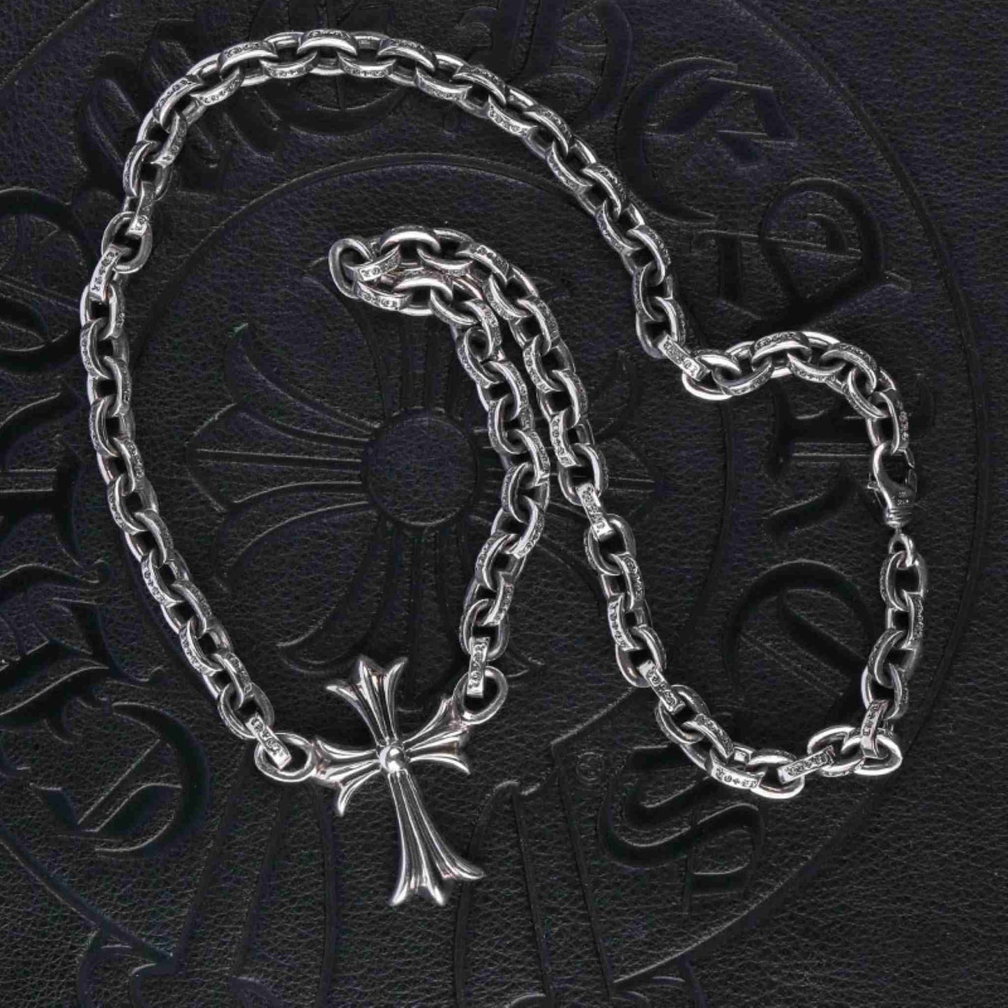 Chrome Hearts 8mm Paper Chain Cross Pendant Necklace, 925 Silver Letters Chunky Chain Necklaces