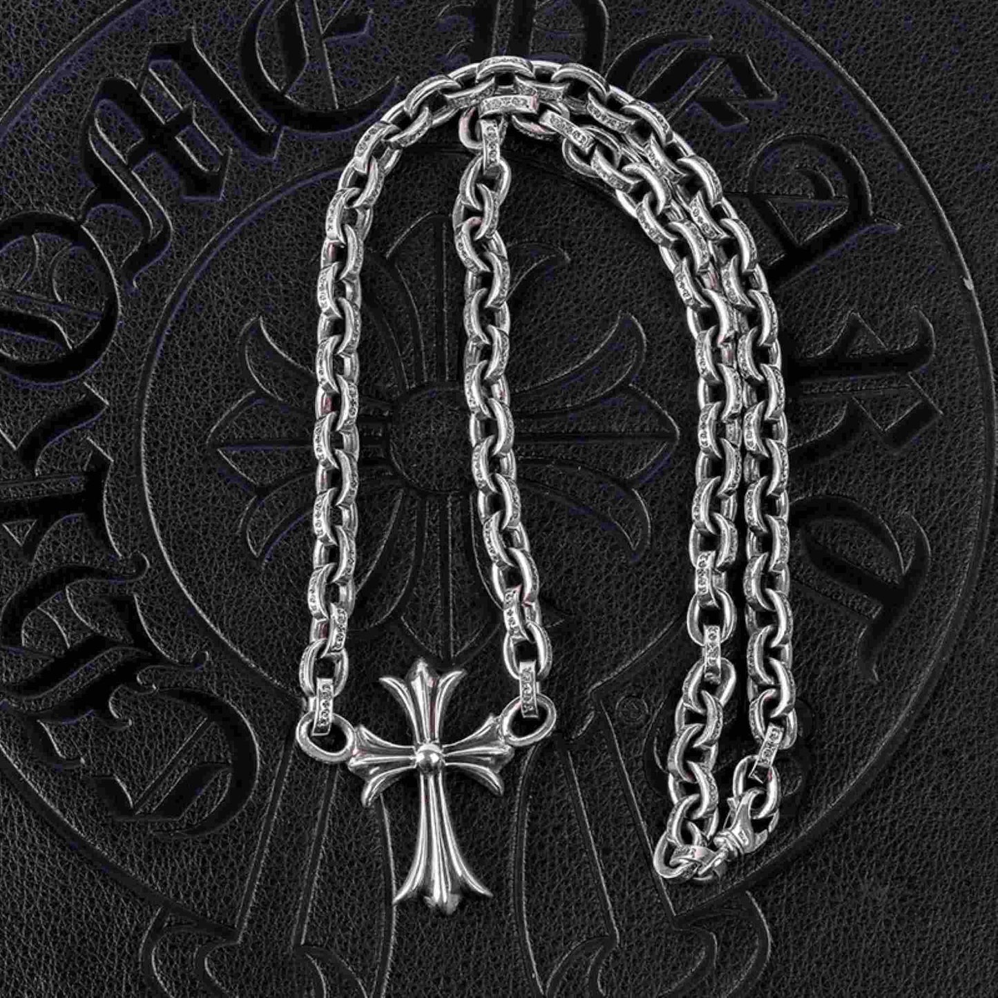 Chrome Hearts 8mm Paper Chain Cross Pendant Necklace, 925 Silver Letters Chunky Chain Necklaces