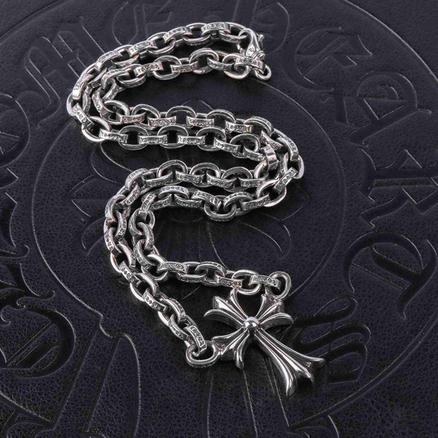 Chrome Hearts 8mm Paper Chain Cross Pendant Necklace, 925 Silver Letters Chunky Chain Necklaces