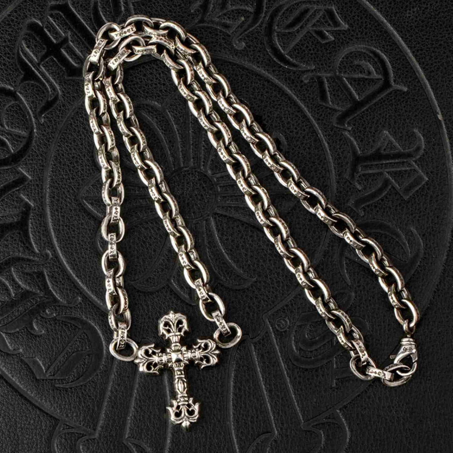 Chrome Hearts 8mm Paper Chain Flaming Cross Pendant Necklace, 925 Silver Letters Chunky Chain Necklaces