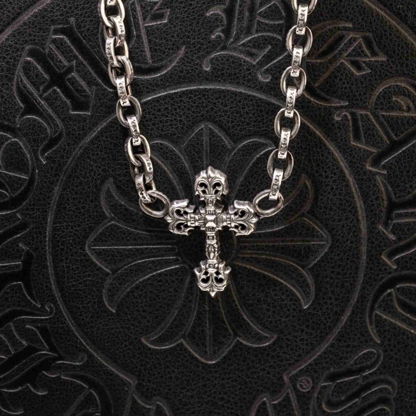 Chrome Hearts 8mm Paper Chain Flaming Cross Pendant Necklace, 925 Silver Letters Chunky Chain Necklaces