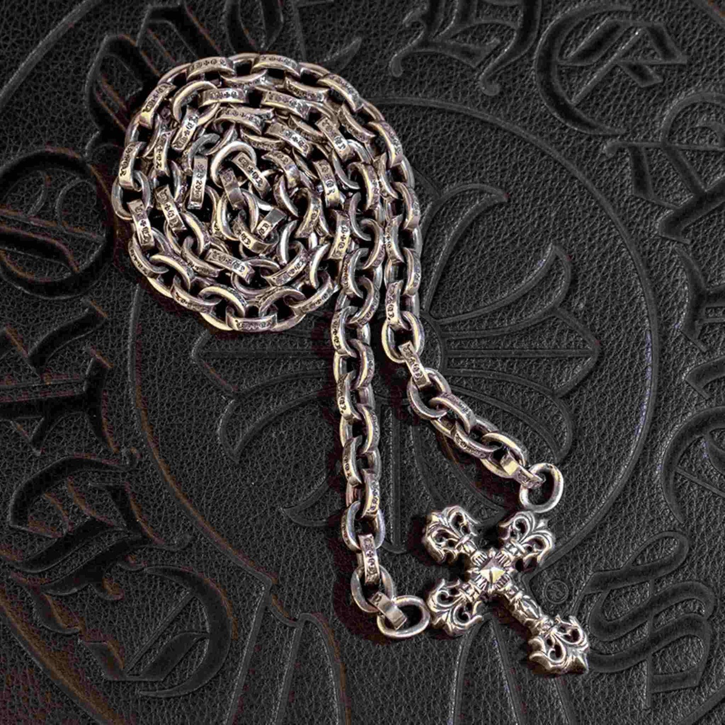 Chrome Hearts 8mm Paper Chain Flaming Cross Pendant Necklace, 925 Silver Letters Chunky Chain Necklaces