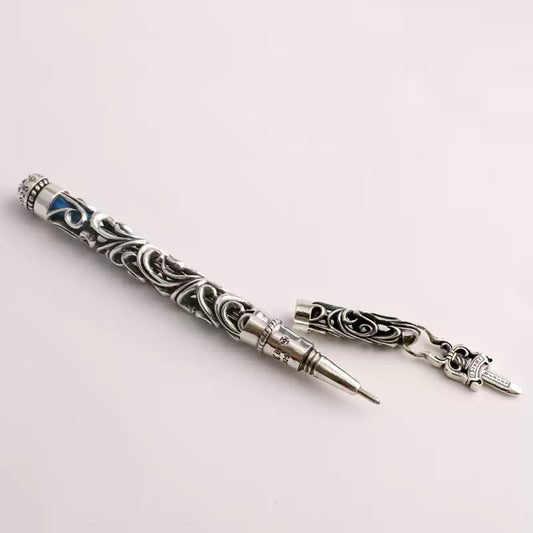 Chrome Hearts Hollow Vine Silver Pen Tube, Punk Statement Sterling Silver Accessories