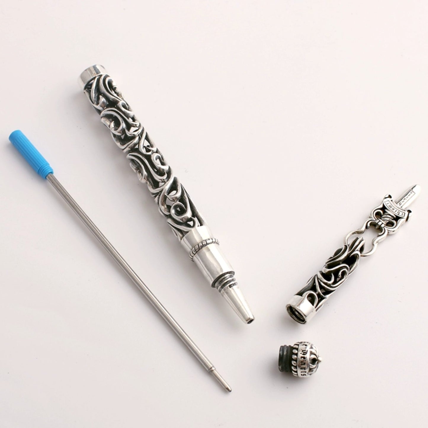Chrome Hearts Hollow Vine Silver Pen Tube, Punk Statement Sterling Silver Accessories