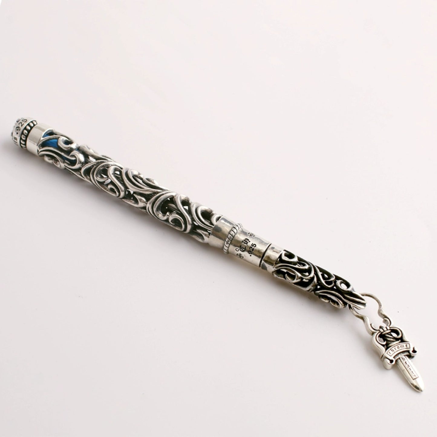 Chrome Hearts Hollow Vine Silver Pen Tube, Punk Statement Sterling Silver Accessories