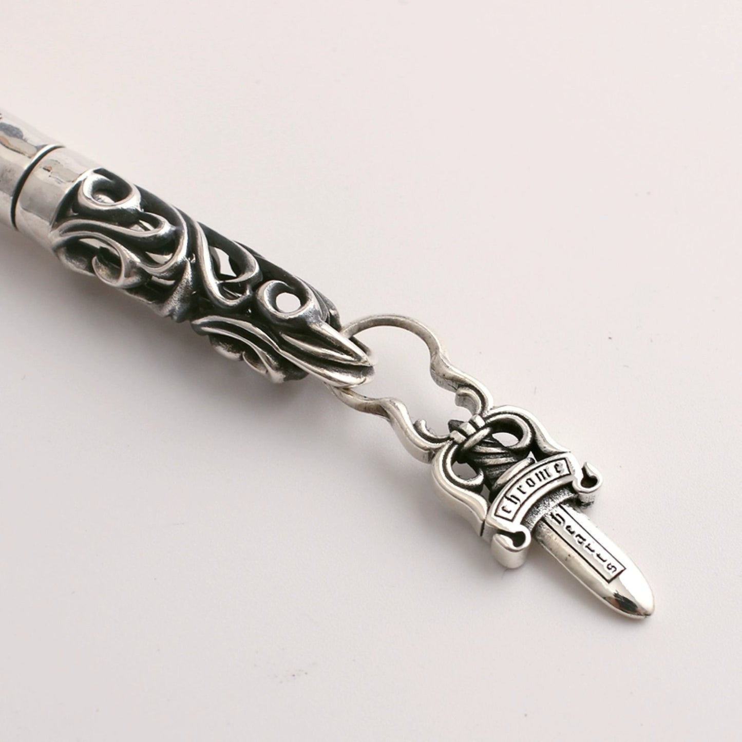 Chrome Hearts Hollow Vine Silver Pen Tube, Punk Statement Sterling Silver Accessories