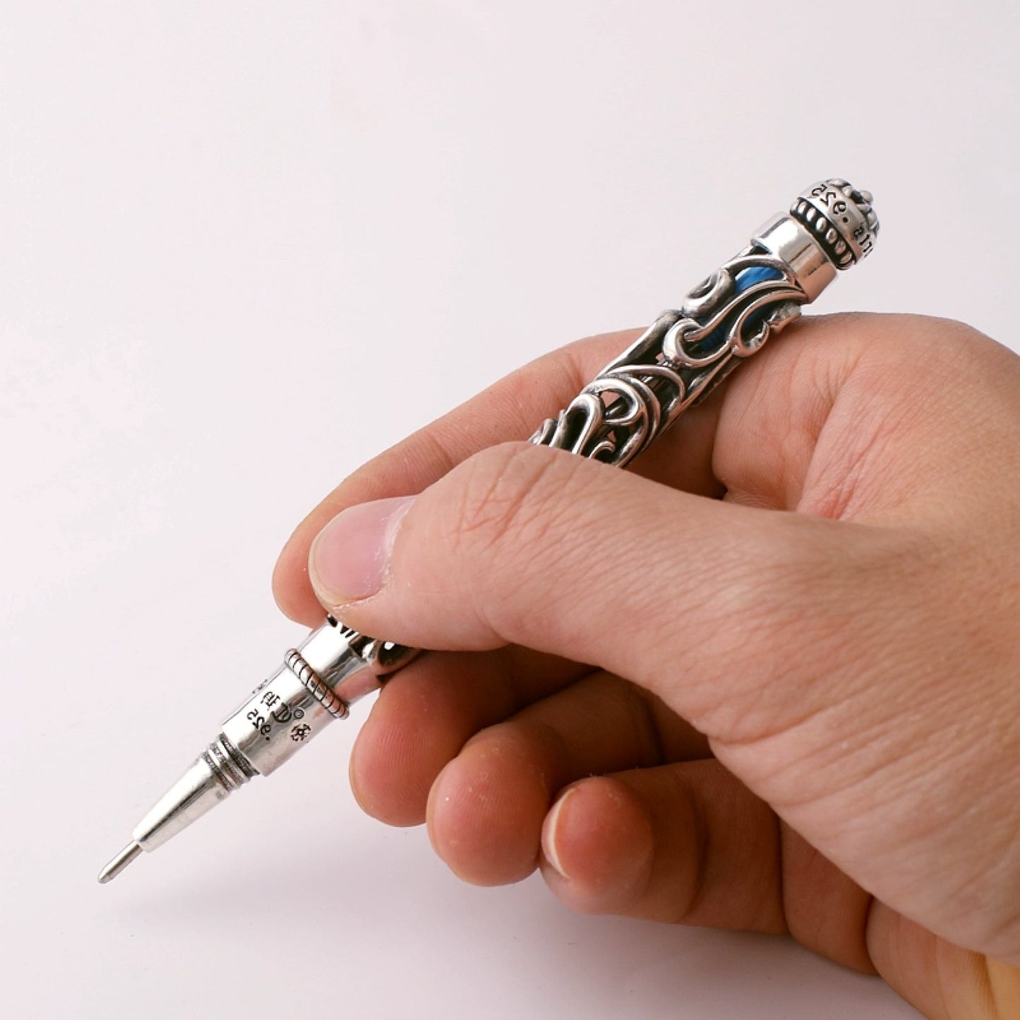 Chrome Hearts Hollow Vine Silver Pen Tube, Punk Statement Sterling Silver Accessories