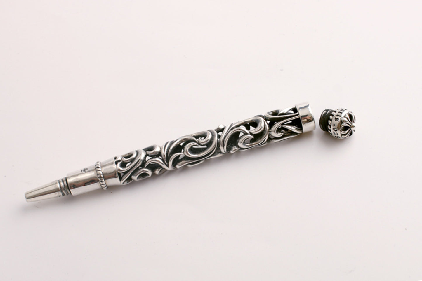 Chrome Hearts Hollow Vine Silver Pen Tube, Punk Statement Sterling Silver Accessories