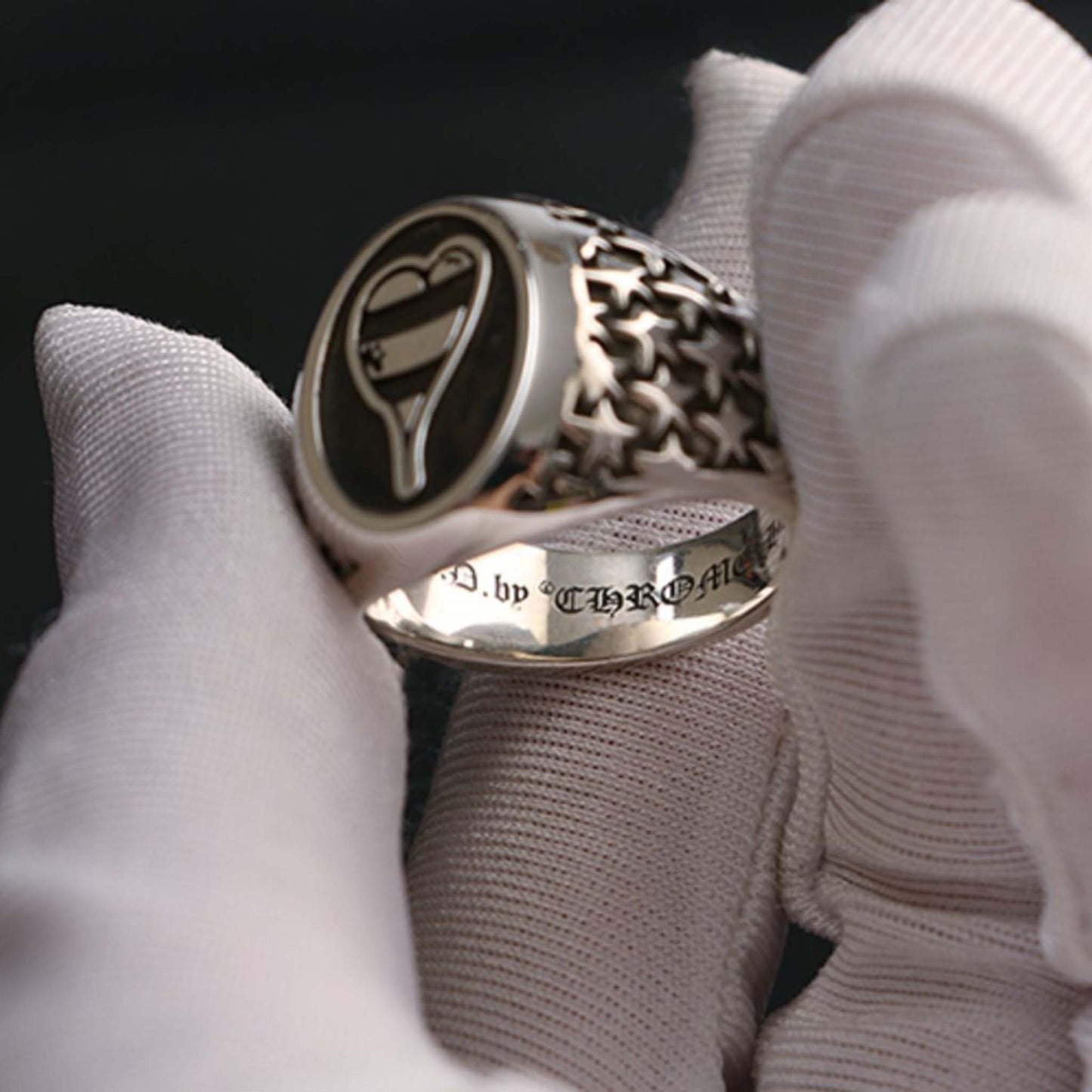 Chrome Hearts Gothic Graffiti Signet Ring, Sterling Punk Statement Silver Rings