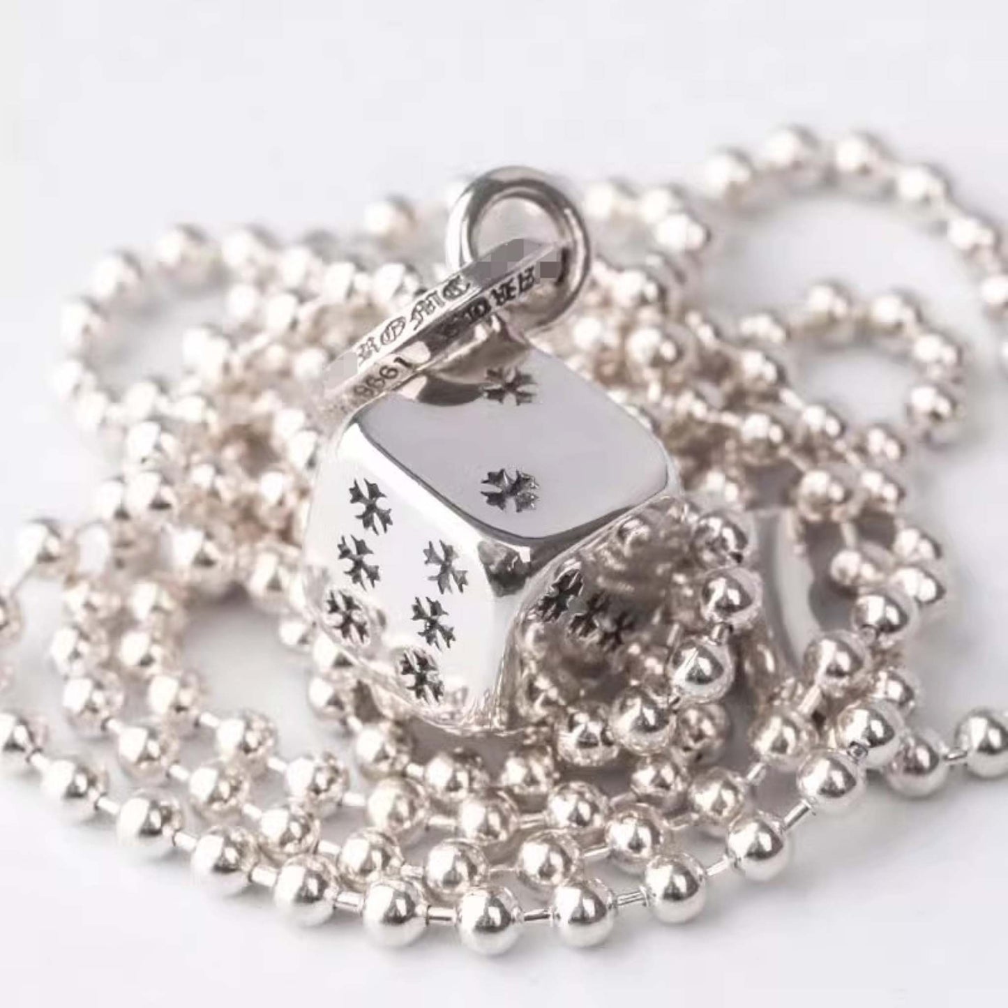 Chrome Hearts Cross Cube Dice Pendant Necklace, 925 Silver Charm Ball Chain Necklace