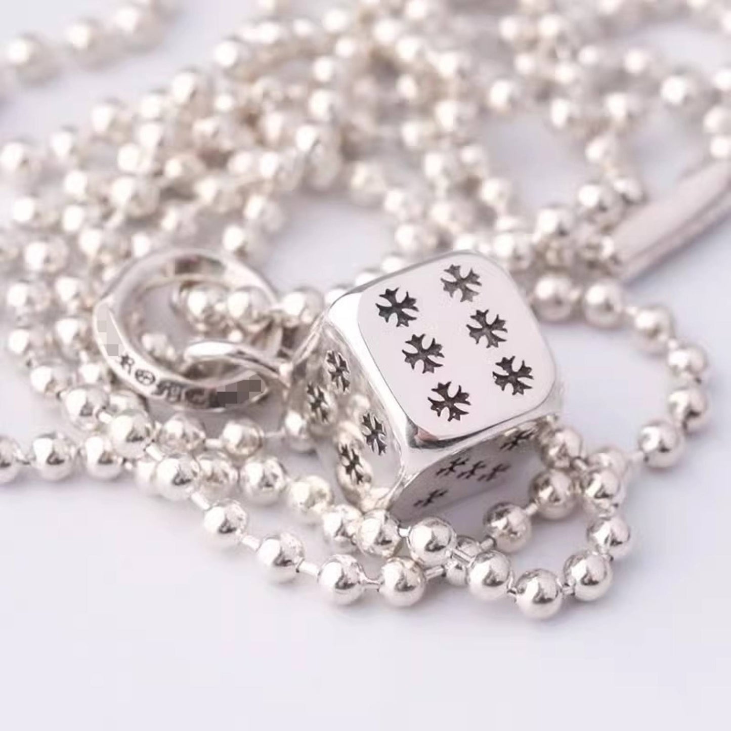Chrome Hearts Cross Cube Dice Pendant Necklace, 925 Silver Charm Ball Chain Necklace