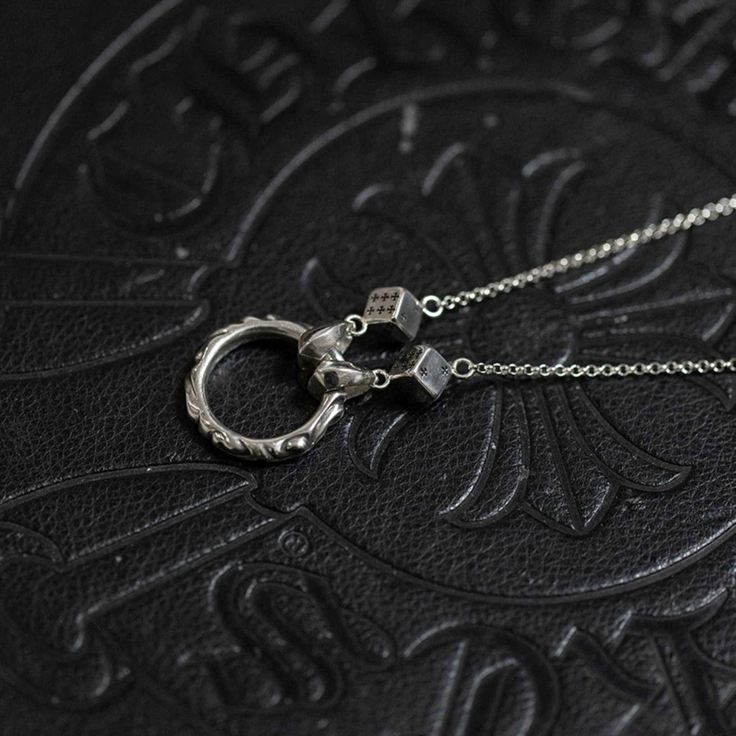 Chrome Hearts Silver Dice Roll Chain Necklace, 925 Silver Punk Statement Necklace with Pendant