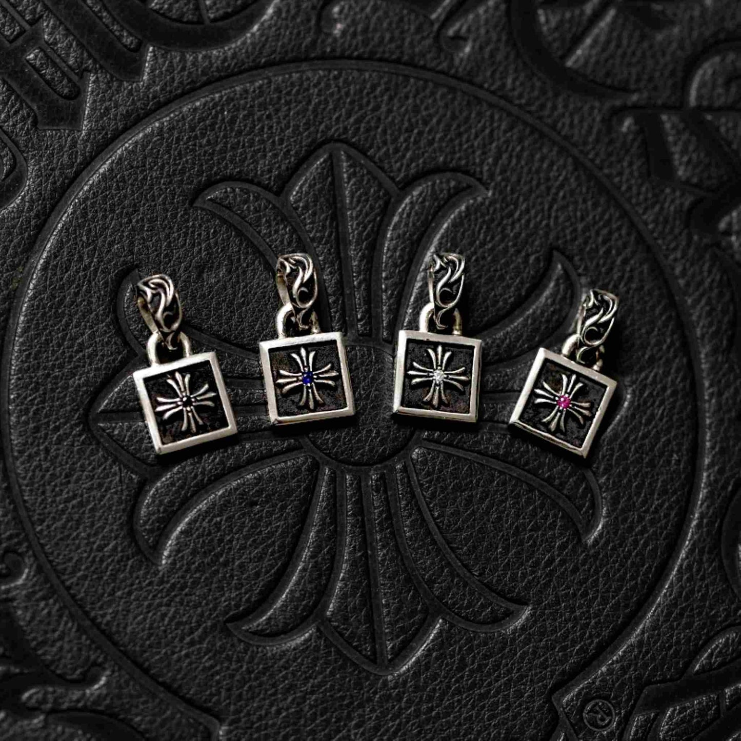 Chrome Hearts Square Cross Necklace Pendant with Gems, 925 Silver Punk Statement Charm