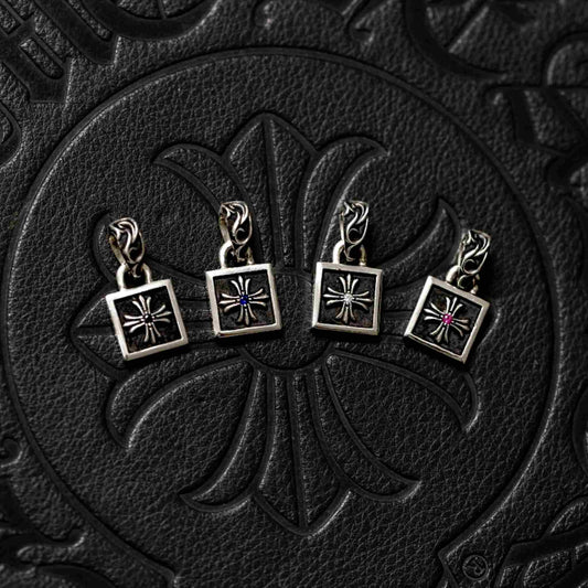 Chrome Hearts Square Cross Necklace Pendant with Gems, 925 Silver Punk Statement Charm