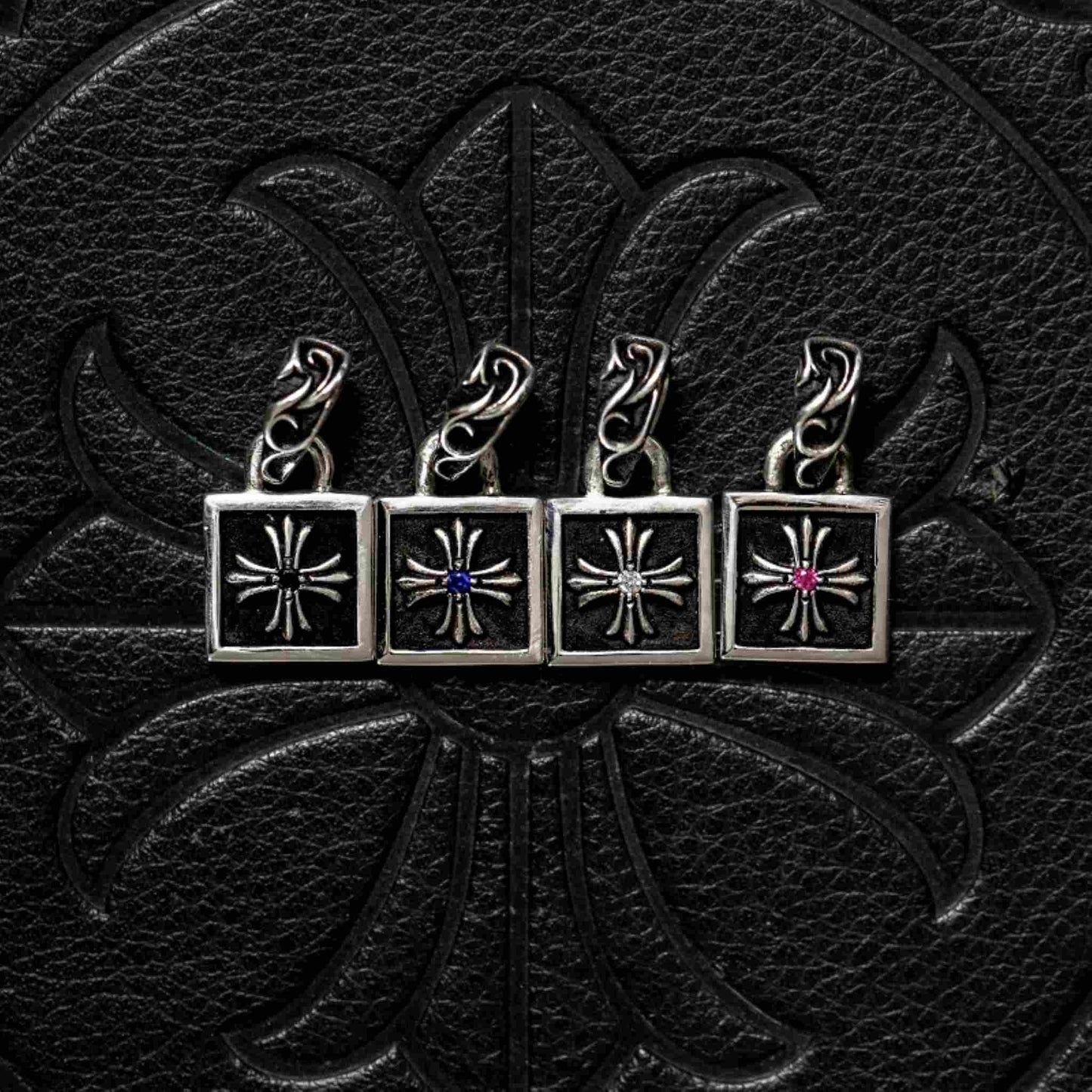 Chrome Hearts Square Cross Necklace Pendant with Gems, 925 Silver Punk Statement Charm