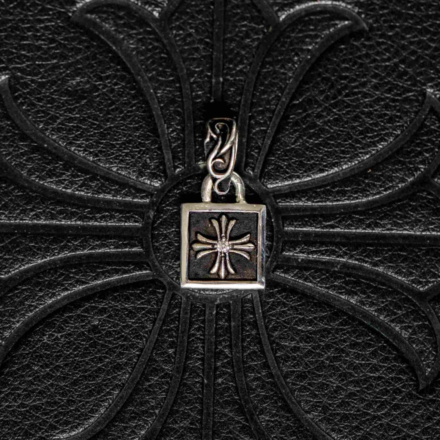 Chrome Hearts Square Cross Necklace Pendant with Gems, 925 Silver Punk Statement Charm