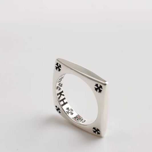 Sterling Silver Square Cross Tail Ring, Chrome Hearts Punk Statement Silver Pinky Rings