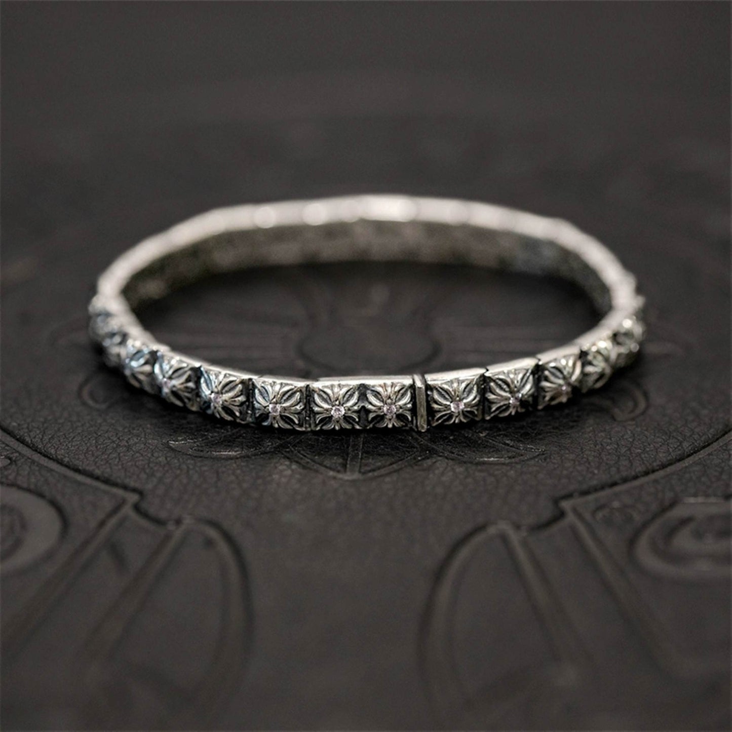 Chrome Hearts Style Square Tiny Cross Buckle Bracelet with Gems, Sterling Silver Punk Statement Bracelets