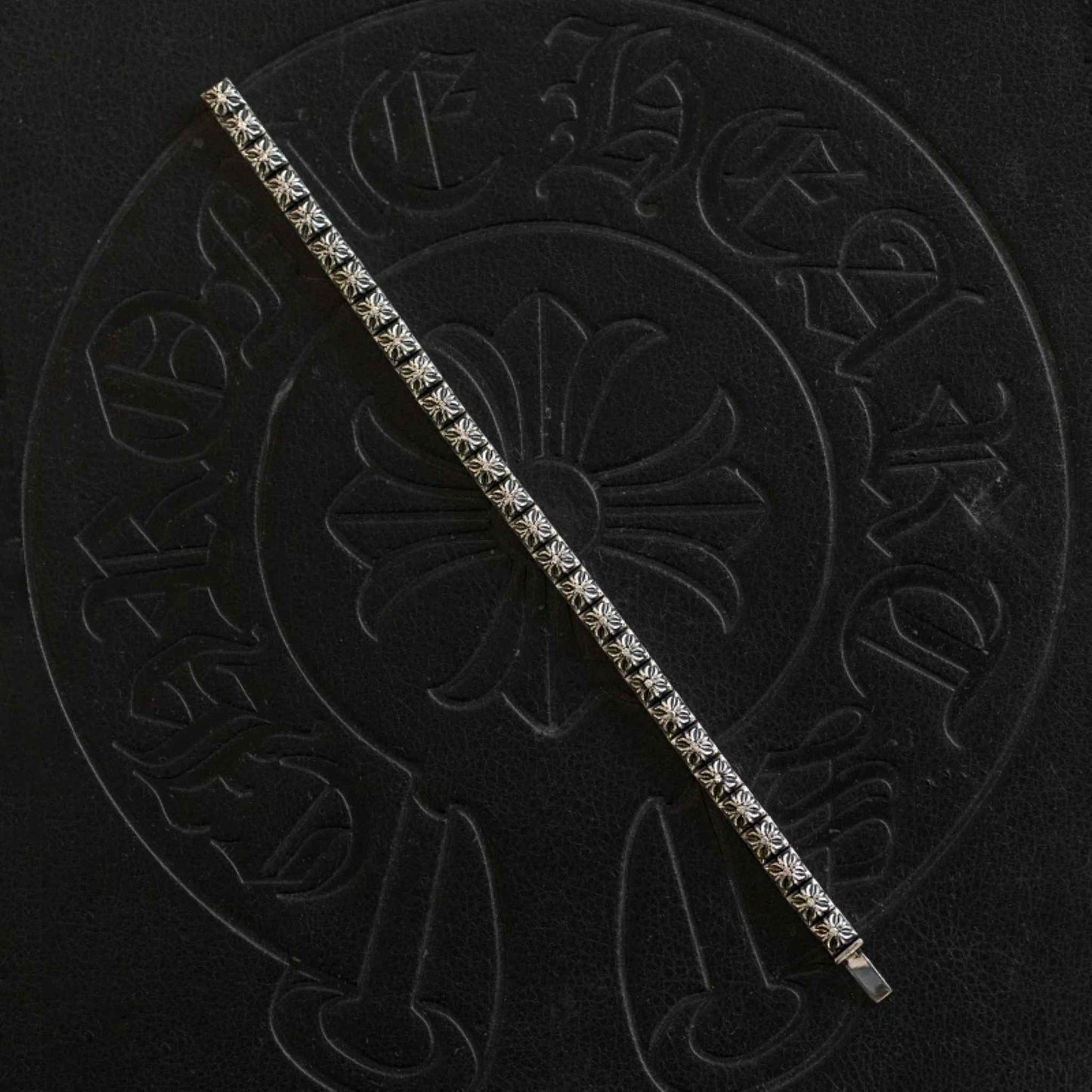 Chrome Hearts Style Square Tiny Cross Buckle Bracelet with Gems, Sterling Silver Punk Statement Bracelets