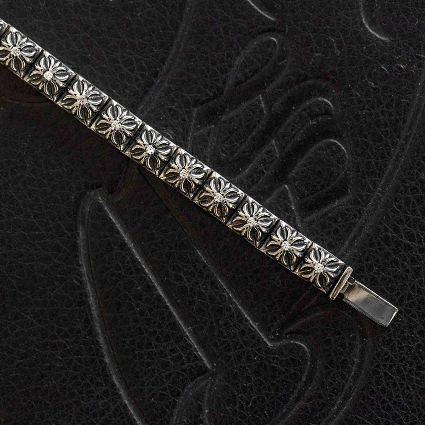 Chrome Hearts Style Square Tiny Cross Buckle Bracelet with Gems, Sterling Silver Punk Statement Bracelets