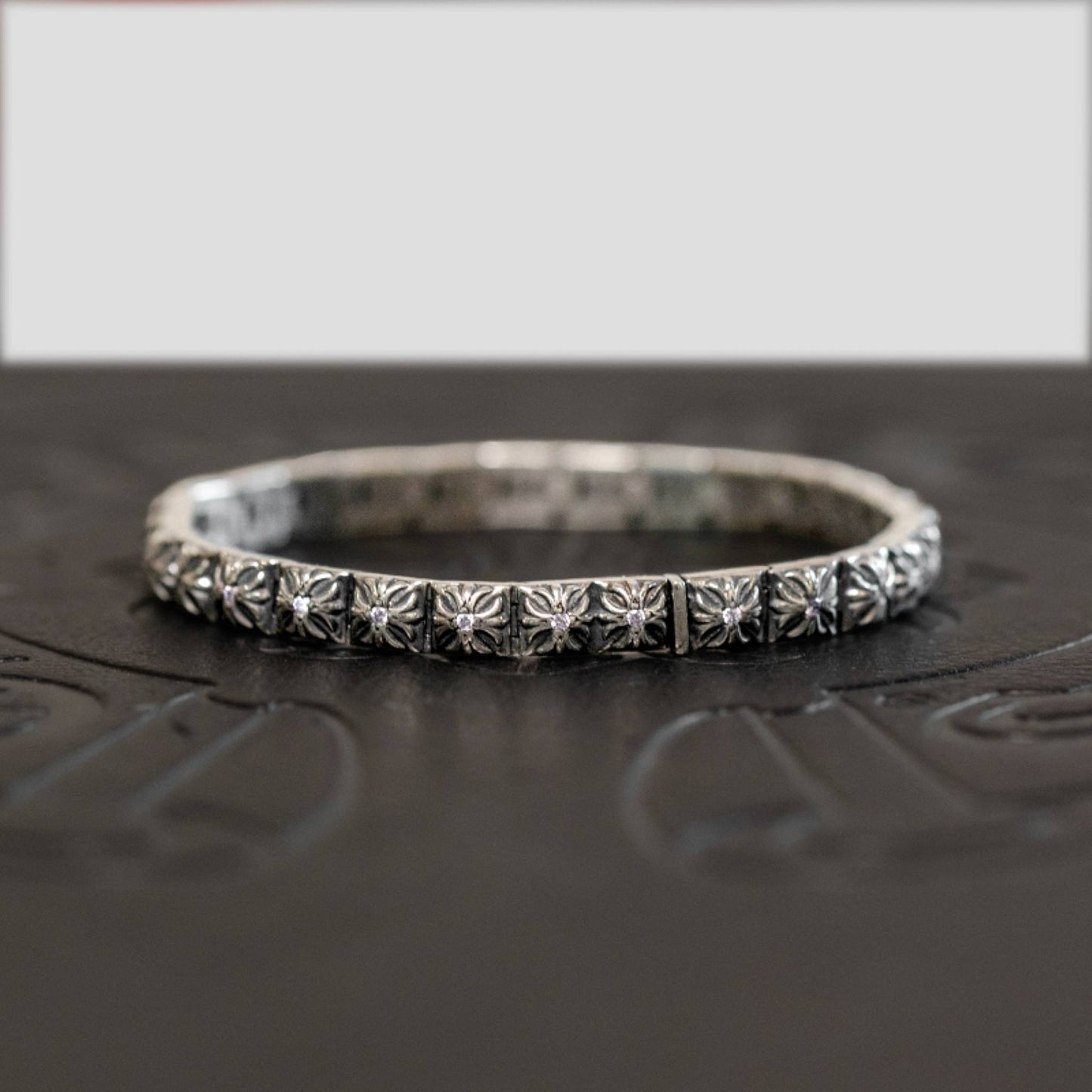 Chrome Hearts Style Square Tiny Cross Buckle Bracelet with Gems, Sterling Silver Punk Statement Bracelets