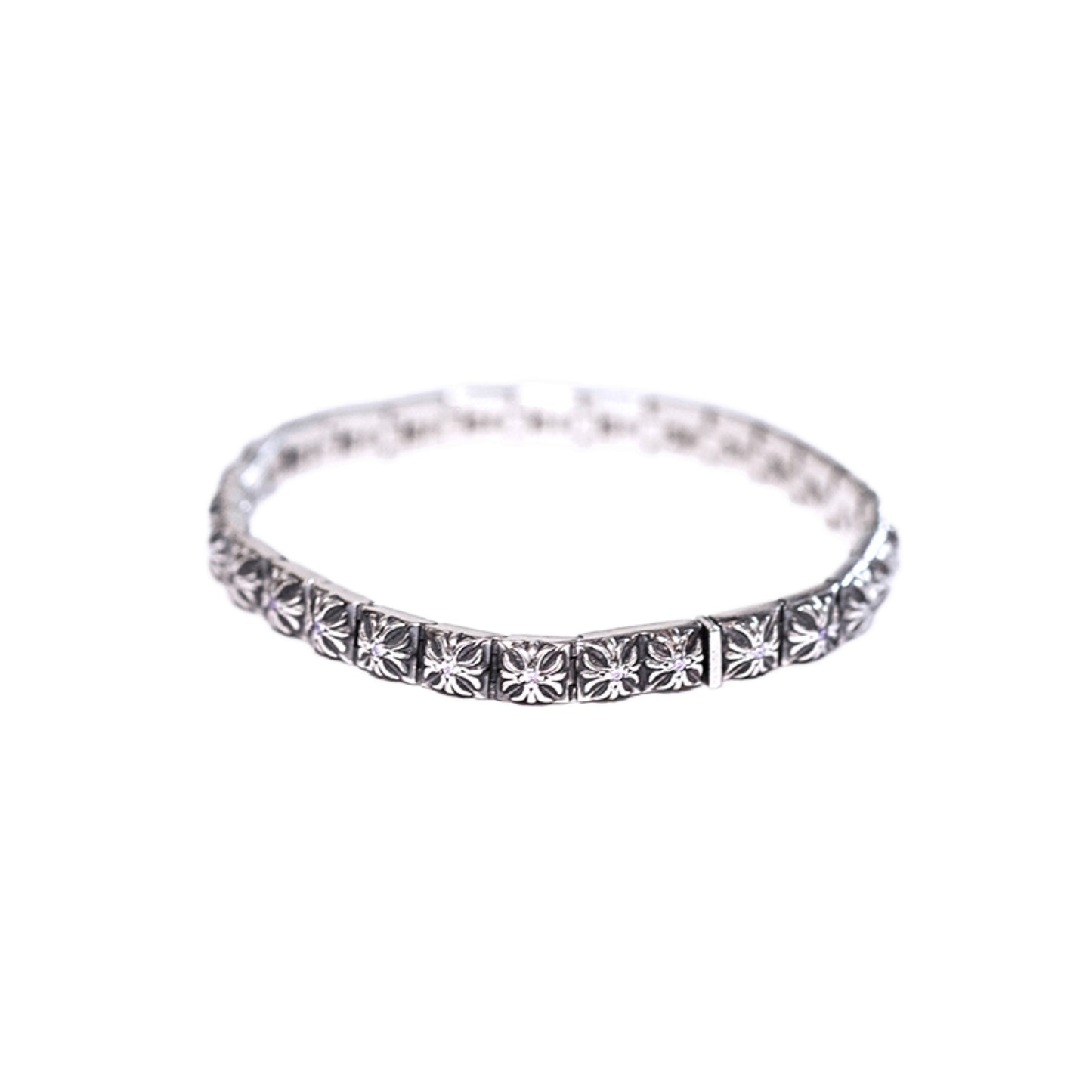 Chrome Hearts Style Square Tiny Cross Buckle Bracelet with Gems, Sterling Silver Punk Statement Bracelets