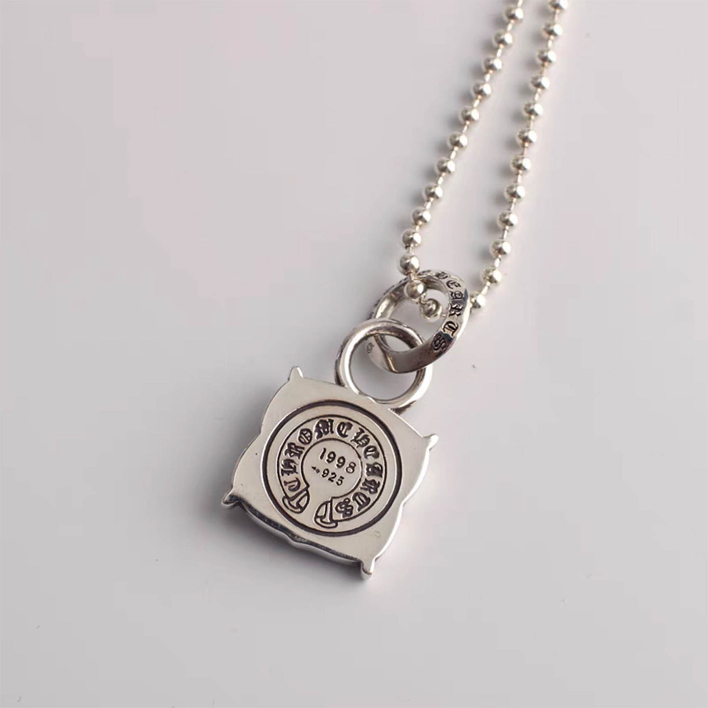 Chrome Hearts Square Vine Necklace Pendant, Sterling Silver Charm Ball Chain Necklace