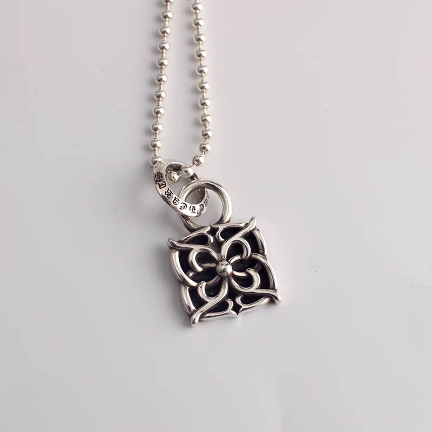 Chrome Hearts Square Vine Necklace Pendant, Sterling Silver Charm Ball Chain Necklace