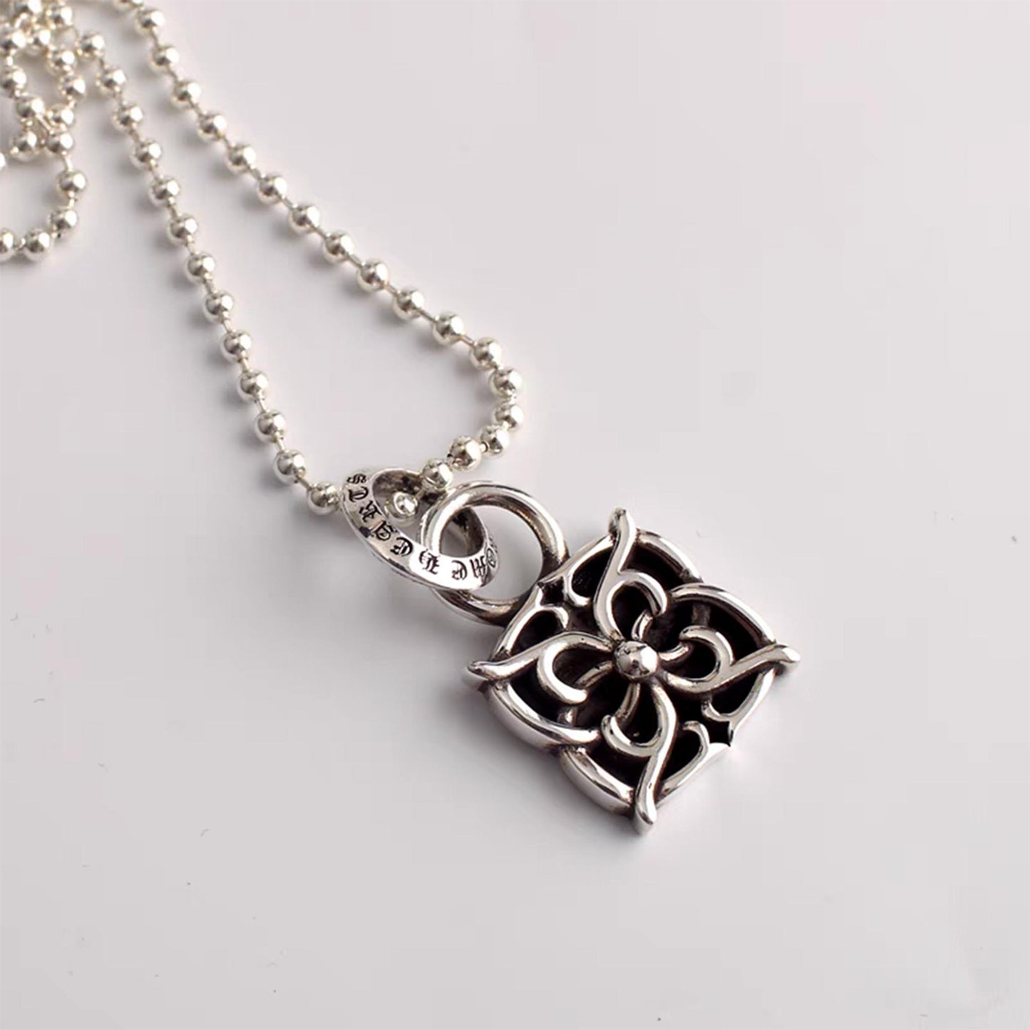 Chrome Hearts Square Vine Necklace Pendant, Sterling Silver Charm Ball Chain Necklace