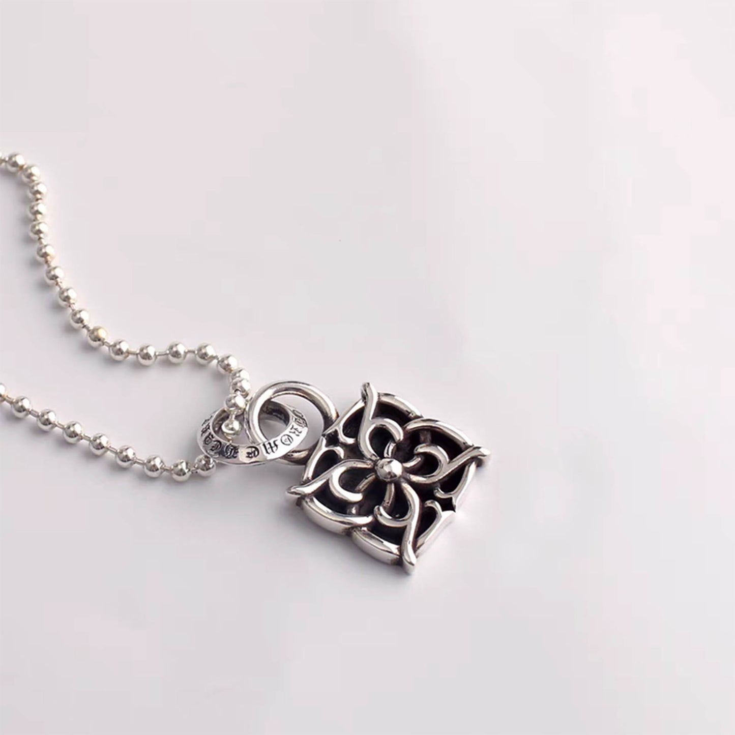 Chrome Hearts Square Vine Necklace Pendant, Sterling Silver Charm Ball Chain Necklace