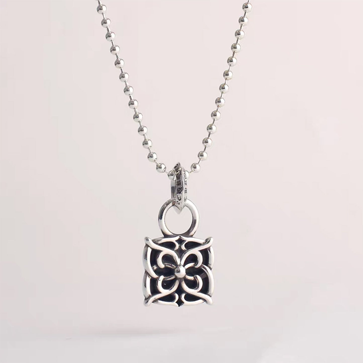 Chrome Hearts Square Vine Necklace Pendant, Sterling Silver Charm Ball Chain Necklace