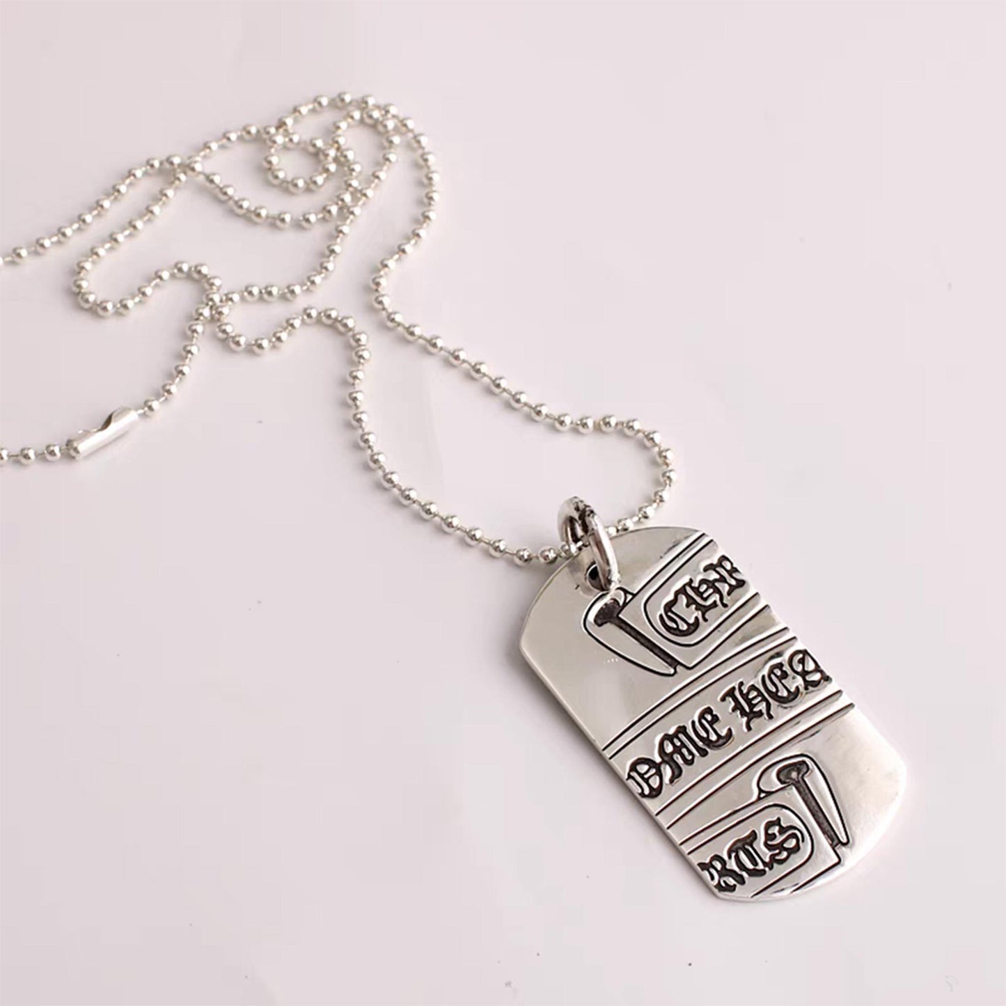 Chrome Hearts Gothic Cross Scroll Dog Tag Necklace Pendant, Sterling Silver Charm Ball Chain Necklace